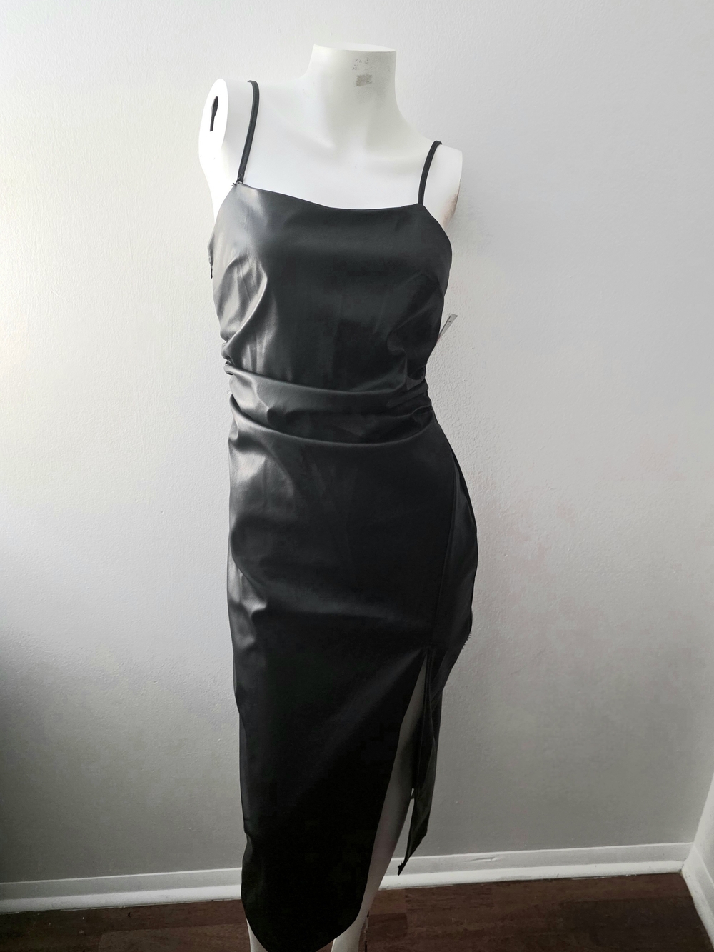 Haute Monde Black Faux Leather Midi Dress with Front Slit